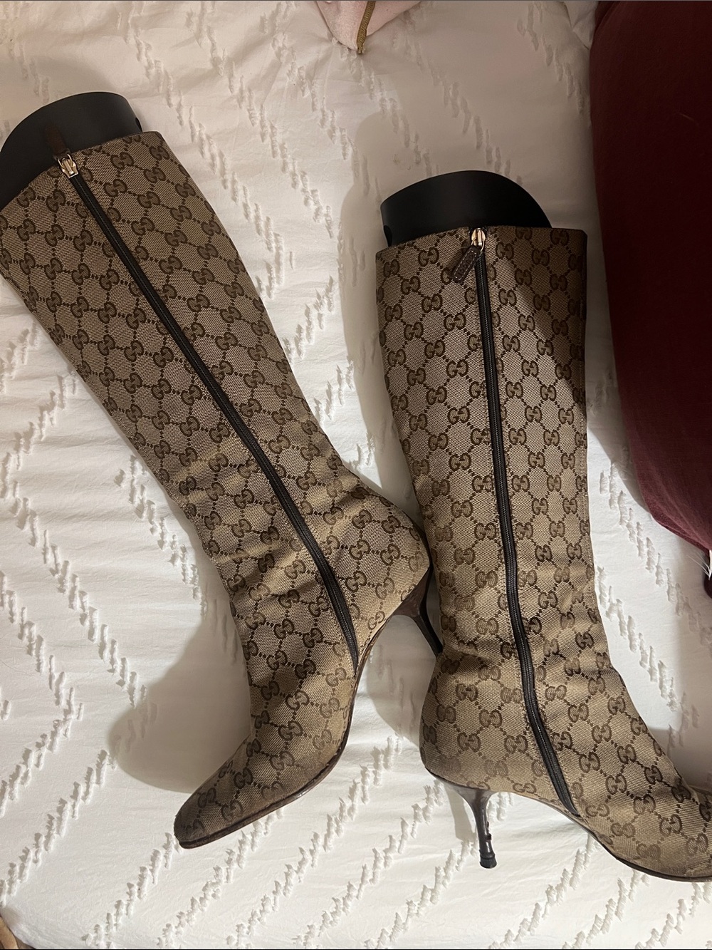 GUCCI Beige GG Canvas Knee-High Logo Heeled Boots - Picture 3 of 8